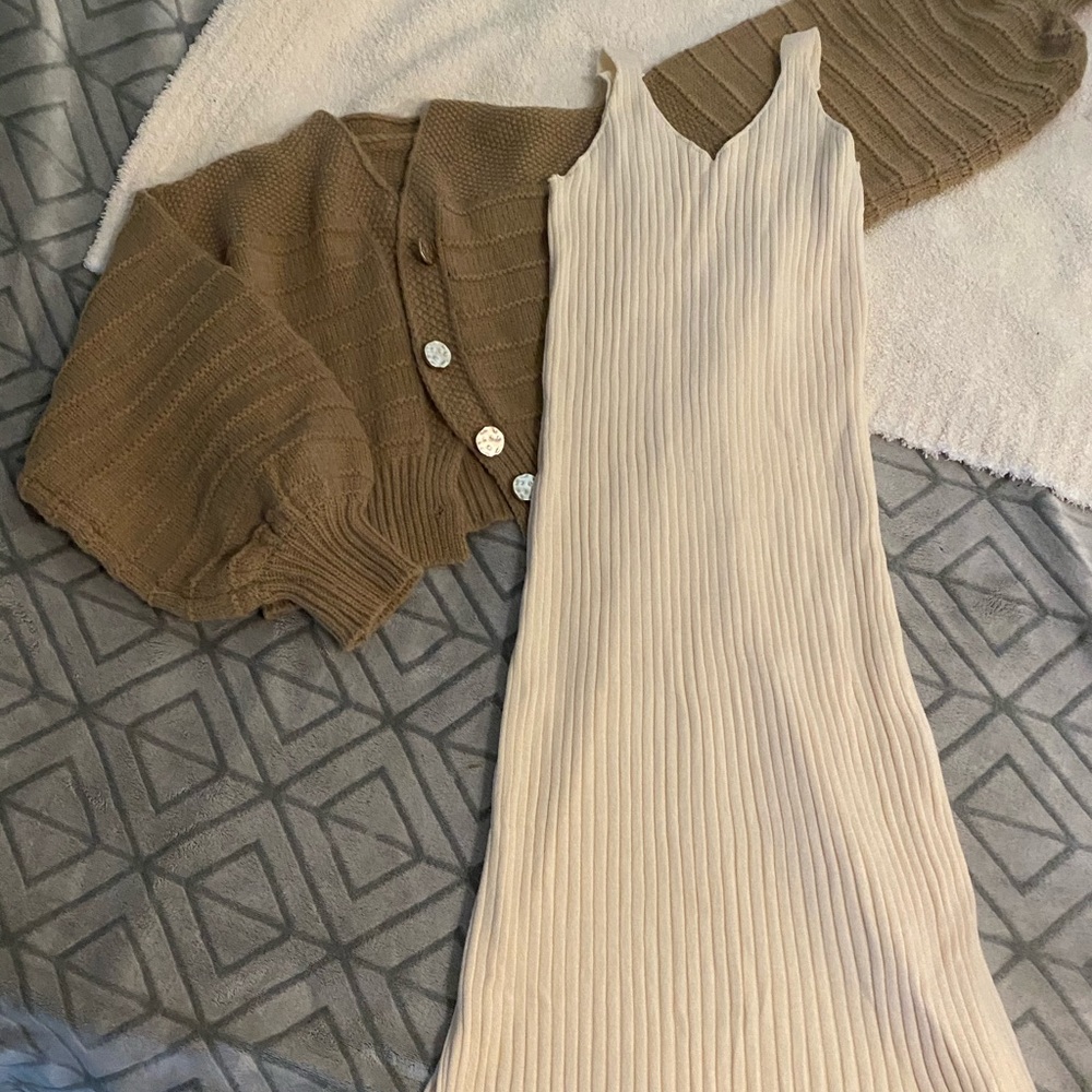 Bodycon ribbed dress & chunky cardigan set